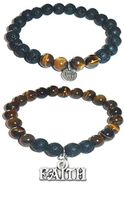 Hidden Hollow Beads Charm Tigers Eye and Black Lava Natural Stone Women's Yoga Beaded Stretch Bracelet Set. Comes in A Gift Box! (Faith)