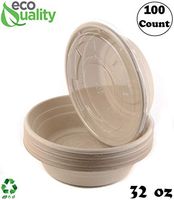 100 Count - EcoQuality 32oz Round Disposable Bowls with Lids Natural Sugarcane Bagasse Bamboo Fibers Sturdy Compostable Eco Friendly Environmental Paper Plastic Bowl Alternative Tree Free
