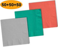 150 Beverage Napkins, Shimmering Silver, Teal, Coral - 50 Each Color. 2 Ply Paper Cocktail Napkins. 5" folded, 10" unfolded.