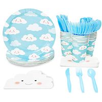 Disposable Dinnerware Set - Serves 24 - Cute Clouds Design, Kids Birthday, Gender Reveal Party Supplies, Includes Plastic Knives, Spoons, Forks, Paper Plates, Die-Cut Cloud Napkins, Cups, Sky Blue