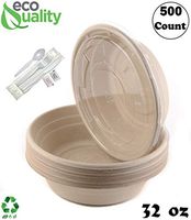 500 Count - 32oz Round Disposable Bowls with Lids and Cutlery - Natural Sugarcane Bagasse Bamboo Fibers Sturdy Compostable Eco Friendly Environmental Paper Plastic Bowl Alternative - Fork,Spoon,Knife