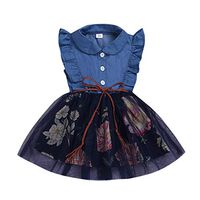 0-6T Toddler Child Baby Girls Denim Dresses Cute Patchwork Ruffle Sleeveless Party Dresses Cute Tulle Tutu Floral Print Dresses (Denim, 5-6 Years)