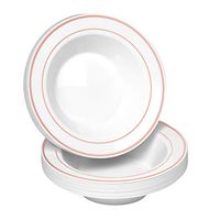 50 Disposable White with Rose Gold Trim Plastic Soup Bowls | 14 oz. Premium Heavy Duty Disposable Dinnerware with Real China Design | Safe & Reusable and Great for Parties or Weddings. (50-Pack)