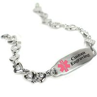 My Identity Doctor Custom Engraved Medical Bracelet 316L Stainless Steel Hearts, Round 2mm Cubic Zirconia - Wrist Size 5.25 Inch