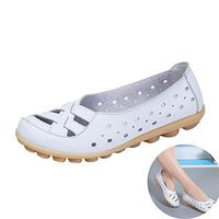 Women's Casual Hollow Shallow Single Shoes Comfy Flat Breathable Soft Bottom Loafers Penny PU Leather Sandals Peas Boat Shoes (White, 9 M US)