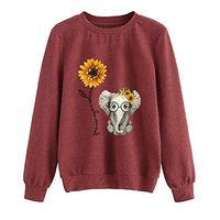 Ros1ock Women's Blouse O-Neck Elephant Sunflower Print Pullover Casual Solid Long Sleeve Tops T- Shirts Wine