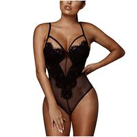 Plus-Size Baby Doll Lingerie, Women Lace Lingerie Deep V Teddy One Piece Babydoll Mini Bodysuit（Black,L