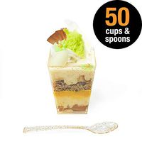 Premium Gold Glitter Plastic Dessert Cups 5.7 oz (50-Pack) with Mini Spoons by HallGEMs - Great for Parfaits, Appetizers and Samplers (With Spoon Only)