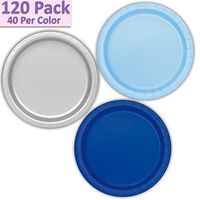 120 Paper Dessert Plates (7") - Light Blue, Silver, Royal Blue - 40 Per Color, 3 Colors - Great Assortment for Birthday Parties, Weddings, Holidays, Baby Shower, Celebrations, and more