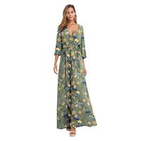 Amlaiworld Fashion Women Wrap Dress V Neck Three Quarter Sleeve Printed Dress Beach Long Dress Green