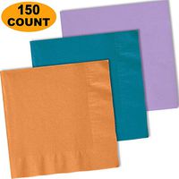 150 Lunch Napkins, Autumn Orange, Turquoise, Lavender - 50 Each Color. 2 Ply Paper Dinner Napkins. 6.5" folded, 13.5" unfolded.