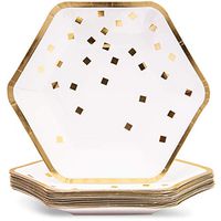 Blue Panda 24 Pack Disposable Paper Plates - 9 x 8 Inches Gold Confetti Hexagon Design Party Supplies for Wedding, Birthday, Appetizer, Lunch, Dinner and Dessert