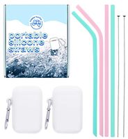 HappyTurtle Reusable Straws with Case - 4 silicone straws with case & keychain - Various collapsible straw, straw cleaning brush. Best reusable straw. Eco friendly, straws drinking reusable for kids