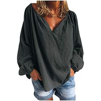 Meikosks Women's Blouses Lantern Sleeves V Neck T Shirt Loose Plus Size Tops Solid Color Pullover Gray