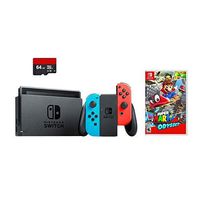 Nintendo Switch 3 items Bundle:Nintendo Switch 32GB Console Neon Red and Blue Joy-con,64GB Micro SD Memory Card and Super Mario Odyssey Game Disc