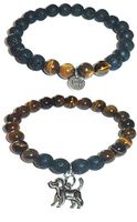 Hidden Hollow Beads Charm Tigers Eye and Black Lava Natural Stone Women's Yoga Beaded Stretch Bracelet Set. Comes in A Gift Box! (Dog Charm)