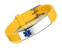 JF.JEWELRY Custom Engraved Medical ID Alert Bracelet for Kids Silicone Band & Stainless Steel Tag-Yellow