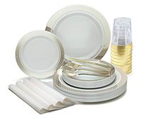 " OCCASIONS" 200pcs set (25 Guests)-Heavyweight Wedding Party Disposable Plastic Plate Set -25 x10.5'' + 25 x7.5''+Silverware +Cups+linen like paper Napkins (Celebration white & Gold)