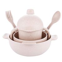 JAMOR Wheat Fiber Children's Tableware Portable Children's Bowl Spoon Wheat Straw Food Bowl Three-Hole Children's Kettle Children's Tableware Set Rugged, Non-Slip, Easy To Clean (Pink)
