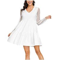 BBFairy Women's Ruffle Dress V Neck Lace Long Sleeve Pocket Swing Casual Tunic Dresses White