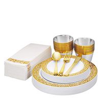 Gold Disposable Dinnerware Set Gold Rim, 175 Pack Of Heavy-Duty Plastic Party plates, 25 Guest, 25 Dinner Plates 10.25", 25 Dessert Plates 7.5", 25 Cups, 25 Napkins, 25 Forks, 25 Spoons, 25 Knives,