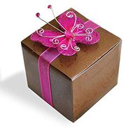 Embossed Rose Print Brown Favor Boxes with Magenta Gem Butterfly Ribbon Gift Boxes 20 Pack