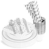 200 Piece Silver Disposable Cutlery Set | Plastic Gold Silverware | Heavyweight Quality Flatware | Includes 25 Forks, Spoons, Knives, 9 Oz Cups, Dinner Plates, Salad Plates, Napkins + Straws