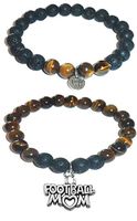 Hidden Hollow Beads Charm Tigers Eye and Black Lava Natural Stone Women's Yoga Beaded Stretch Bracelet Set. Comes in A Gift Box! (Football Mom)
