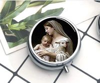 Virgin Mary Jesus and Lamb Compact 3 Compartment Medicine Case, Pill Box for Pocket or Purse Pill Box Decorative Pill Case with Gift Box