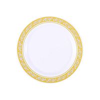 BalsaCircle 30 pcs 9-Inch White with Gold Floral Trim Plastic Round Plates - Disposable Wedding Party Catering Tableware