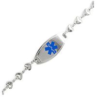 My Identity Doctor Custom Engraved Womens Medical Bracelet, Steel 6mm Heart Chain, Medium - Blue - Wrist Size 6.25 Inch