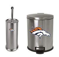 The Furniture Cove 2-Pc Set - 1.3 Gallon Stainless Steel Step Trash Can Waste Basket and Toilet Brush with Holder Featuring the Choice of Your Favorite Football Team Logo (Broncos)