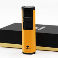 Double Torch Jet Flame Yellow Chrome Steel Cigar Lighter w/Punch