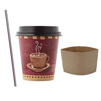 (200 Sets) 10 oz Paper Hot Cups with Black Dome Lids and Sleeves, FREE Stirrers Disposable Coffee Cups with Coffee Print