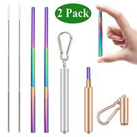 Senneny 2 Pack Telescopic Reusable Straws Stainless Steel Metal Drinking Rainbow Straw Portable Collapsible Straw with Aluminum Case Cleaning Brush (Silver & Rose Gold)