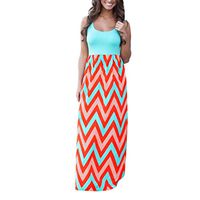 Fanteecy Women Summer Beach Boho Sleeveless Long Tank Dress Striped Floral Plus Size Maxi Party Sundress Blue