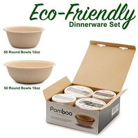 Pamboo Goods Disposable Bamboo Bowls - Recyclable Food Containers for Salad, Soup, Hot, Cold Dishes - Eco-Friendly, Biodegradable, Microwavable, Freezable Dinnerware - Set of 50 x 12oz and 50 x 16oz