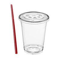 (100 Sets) 12 oz Clear Plastic Cups with Lids and FREE Straws, Disposable Crystal Clear PET Cups with Flat Straw Slot Lids for Cold Drinks, To Go Iced Coffee, Juice, Soda, Bubble Boba Tea, Smoothie
