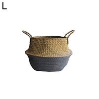 Shineweb Flower Pot Folding Dirty Storage Wicker Basket Flower Pot Folding Basket  Seagrass Clothes Plants Handle Basket Black L