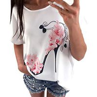 Meikosks Women's High Heels Printed Tops Short Sleeve Round Neck T Shirt Beach Casual Pullover Purple