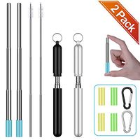 Metal Reusable Straws - Comvin Collapsible Stainless Steel Telescopic Portable Drinking Travel Straw with Aluminum Case and Washing Brush for Cold or Hot Drinks, 2 Pack Black/Silver