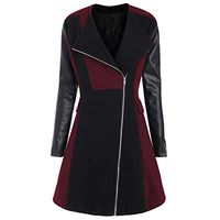 HNTDG Winter Warm Women Woolen Leather Patchwork Lightweight Packable Ladies Outdoor Windbreaker Outwear Wine