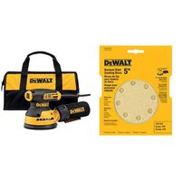 DEWALT DWE6423K Variable Speed Random Orbit Sander, 5" with DEWALT DW4303 5-Inch 8-Hole 120-Grit Hook-and-Loop Random Orbit Sandpaper (5-Pack)