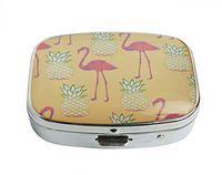 XUTAI Custom Personalized Square Stainless Steel Silver Glass Travel Pill Case Vitamin Decoration Box (Yellow Bird Colorful Beautiful Flamingo and Pineapple)