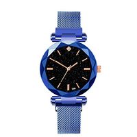 Fxbar Women Elegant Watch New Star Dial Diamond Cut Surface Quartz Analog Magnetic Band Wrist Watch (Blue)