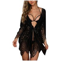 Viviplus 3PC Women Plus Size Lingerie Floral Lace Trim Up Robe Bra Panty Set Nightgown Jumpsuit Robes Pajamas Hollow Out Sleepshirts