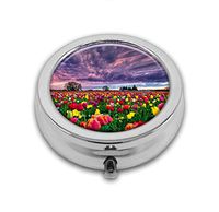 Pill Box,Sunset Flowers Pill Case for Purse Pocket Pill Organizer with 3 Compartments Silver 2.1 Inches Portable Vitamin Medicine Case Holder