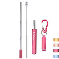 Hokeea Reusable Straw with Aluminum Slim Case,Silicone Tip and Keychain,Portable Folding Stainless Steel Drinking Straws,Collapsible Metal Travel Straw with Slender Case(Rose)