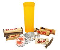 Bundle - 7 Items - RAW Single Wide Rolling Paper, Tips, Roller and Hemp Wick with Grinder and Storage Container
