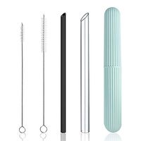 Reusable Eco-Friendly Glass Drinking Straws Set, 8-inch x 8mm and 14mm with S/M Extra Large Size Brushes and Storage Container Travel Safe Case Box BPA Free for Smoothie Coffee Bubble Boba Tea - Black